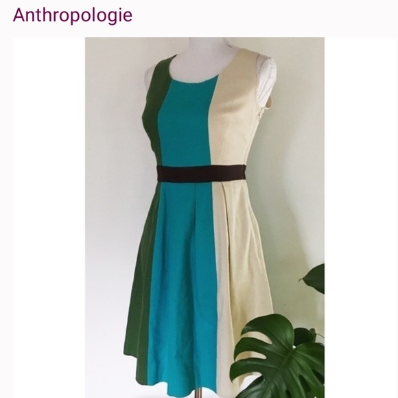 Anthropologie Tabitha size 6 Green & Blue Pleated Cotton Color-block Mini Dress - Picture 4 of 8